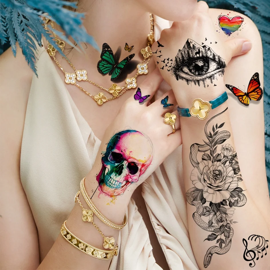 Sdrawing Sheets Watercolor Lion Tiger Wolf Temporary Tattoos For Women Men Arm Tattoo Stickers Fake Flower Skeleton Temp Tatoos Decals