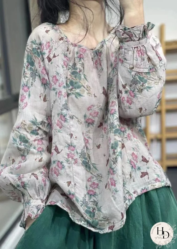 Women O-Neck Print Linen Top Long Sleeve