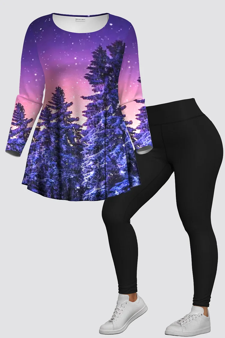 Flycurvy Plus Size Christmas Purple Ombre Christmas Tree Print Long Sleeve Two Piece Pant Set  Flycurvy [product_label]
