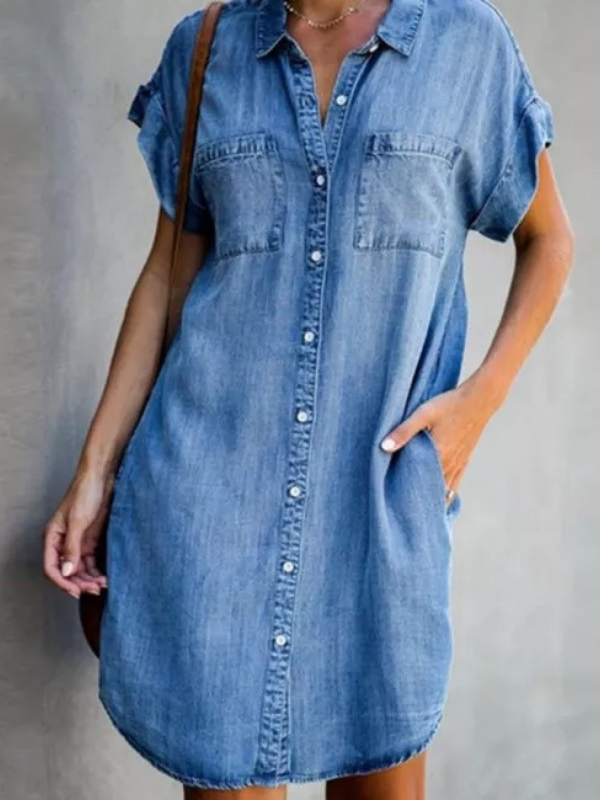 Women's Blue Denim Shirt Casual Short Sleeve Oversized Denim Shirt Dress for Spring Outfit