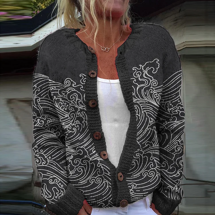 Japanese Wave Art Print Knitted Cardigan