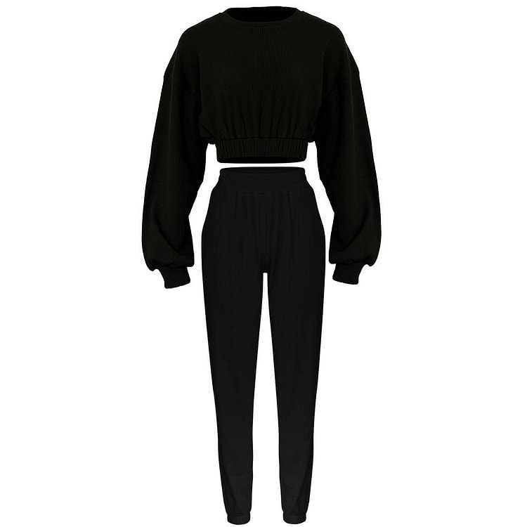 Women Athletic Wear-Long Sleeve Short Top & Trousers Sexy Female Sportswear Joggers Yoga Outfits 2 Piece Set