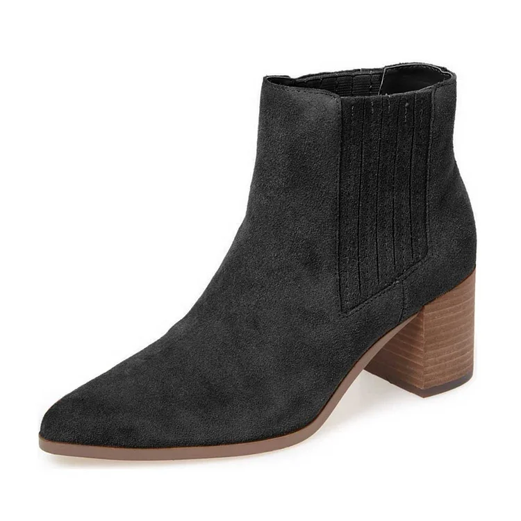 Black Vegan Suede Chelsea Boots Vintage Pointy Toe Block Heel Booties |FSJ Shoes