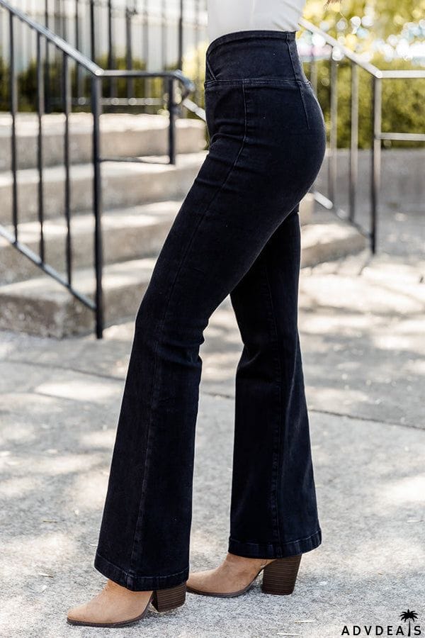 CROSS WAISTBAND BLACK FLARE JEANS