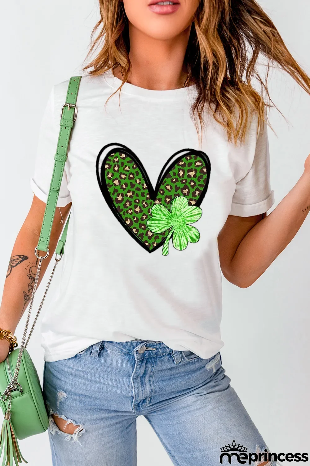 White Clover Leopard Heart Shaped Print Crewneck Graphic Tee