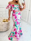 Floral-Print Off-The-Shoulder Skirt Suits