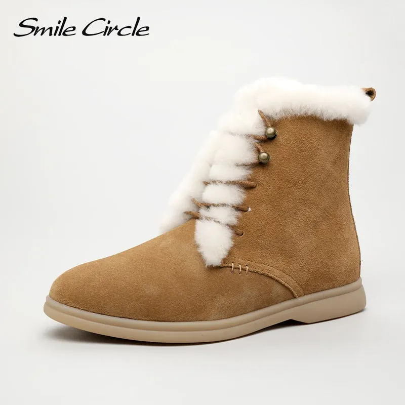 Smile Circle winter Ankle boots cow-suede-leather boots fashion natural-fur Warm boots Comfortable snow boots women