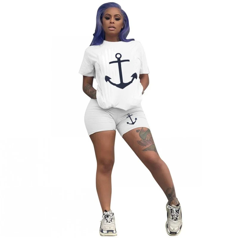 Elastic Waist 2 Piece Set Tracksuit Women Boat Anchor Print Two Piece Set Women's Top And Short Femme Clothes Lounge Shorts Set