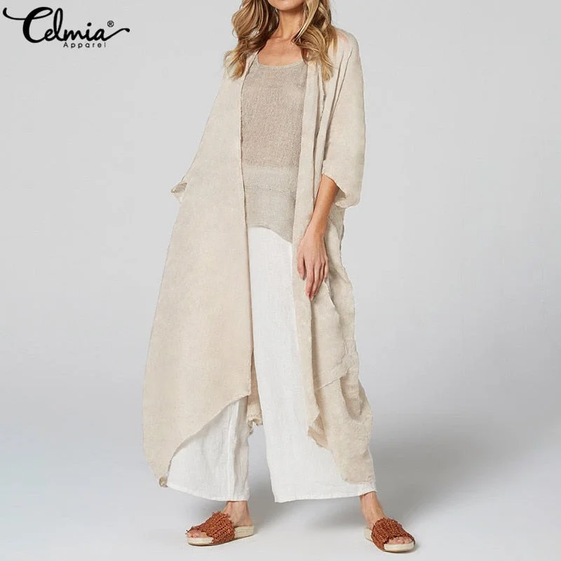 Celmia Women Vintage Kimono 2022 Autumn Long Shirts Cardigan Blouse Belted Casual Beach Cover Up Blusas Femininas Oversized Tops