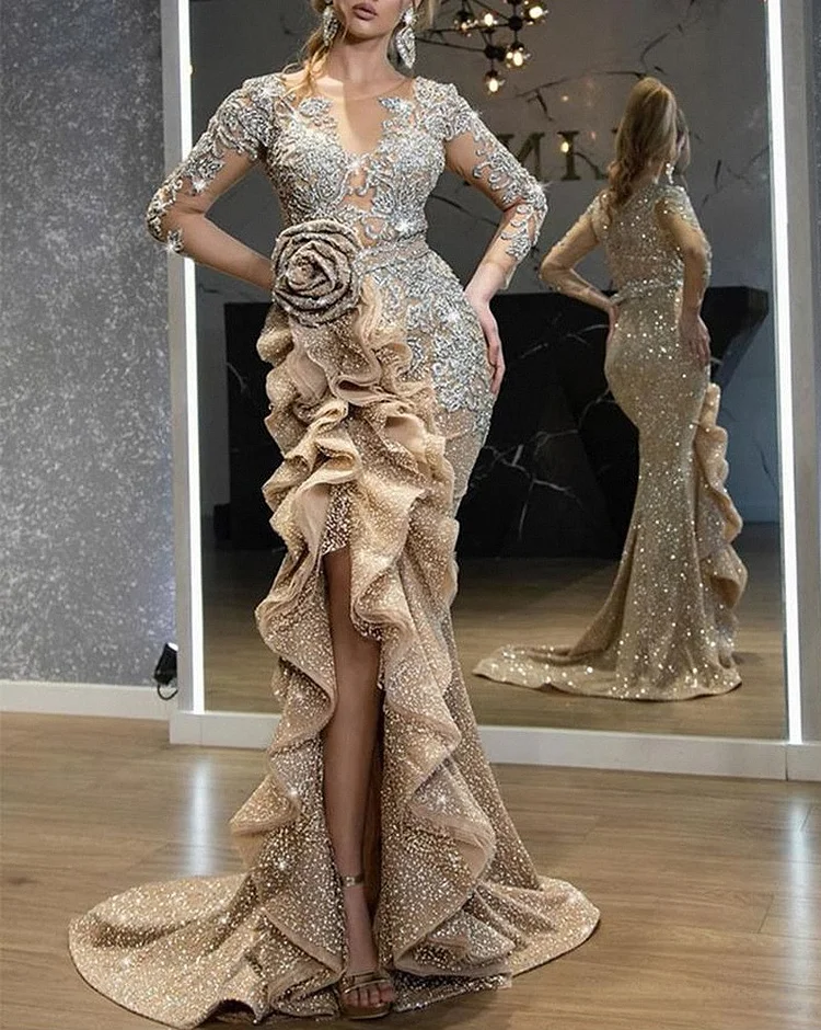 sexy flower lace pleat elegant sequin prom evening party dresses