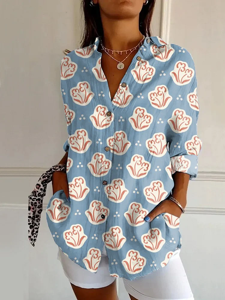 Vintage Floral Art Print Casual Long Sleeve Shirt