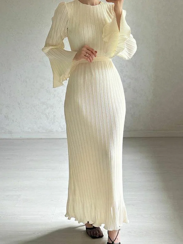 Pleated Ruffled Solid Color Flared Sleeves Long Sleeves Round-neck Maxi Dresses