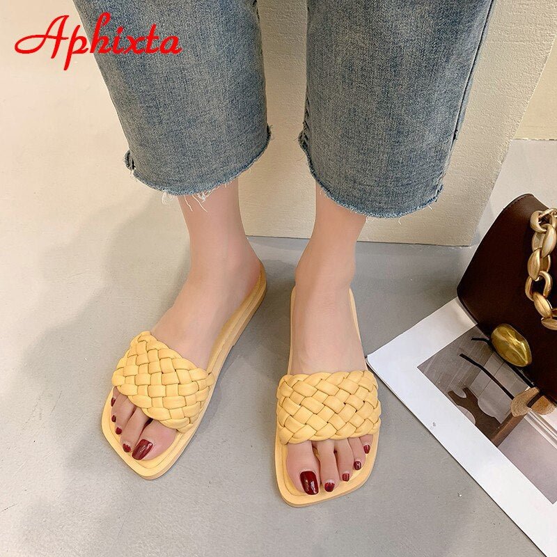 Aphixta 2021 New Blue Weave Flip Flops Women Flat Heel With Summer Braid Slippers Fashion Peep Toe Plait Mules Slides