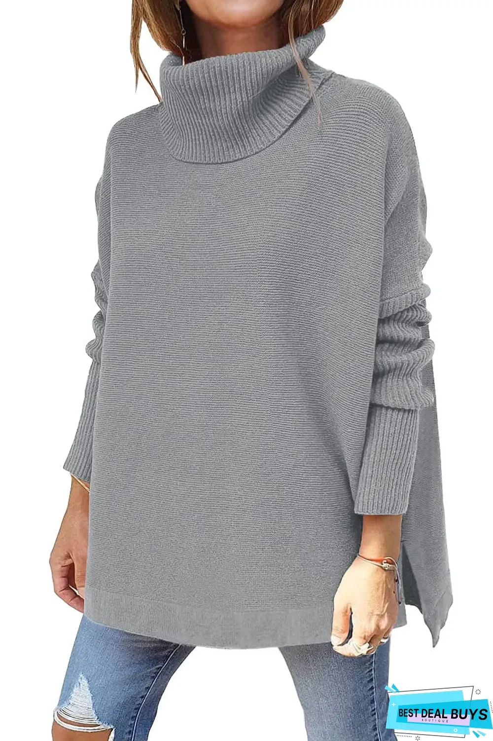 High Neck Bat Wing Sleeve Split Hem Waistband Pullover Sweater