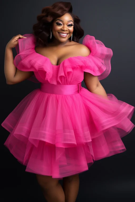 Xpluswear Design Plus Size Wedding Guest Hot Pink Off The Shoulder Cap Sleeve Ruffle Tiered Tulle Mini Dresses [Pre-Order]