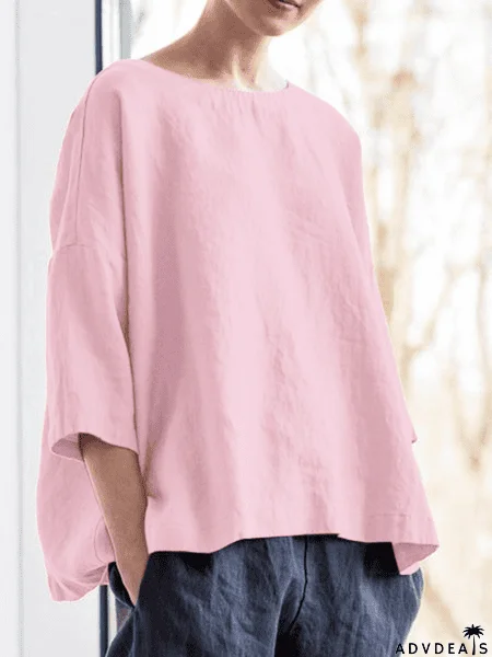Solid Round Neck Casual Blouse T-Shirts