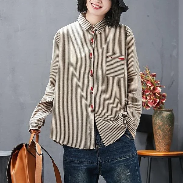 cotton linen autumn vintage stripe korean style plus size Casual loose shirt women blouse 2020 clothes ladies tops streetwear