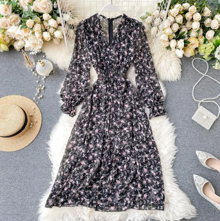 Floral elegant Women Dress Vintage Long sleeve V-neck Print Chiffon Dresses 2020 Spring summer Elastic waist Long Dress Vestidos