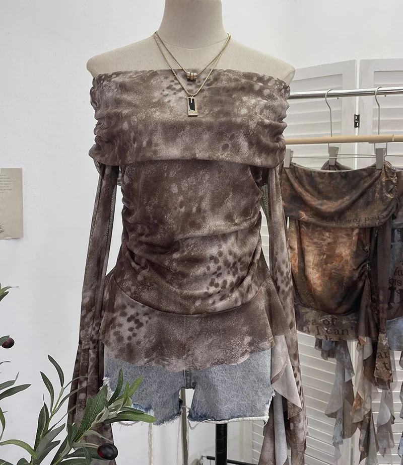 Uveng Real Shot Shoulder Strap Tie Dyed Net Shawl Shirt T-Shirt T-Shirt T-Shirt Design Folded Long-Sleeved T-Shirt 8003