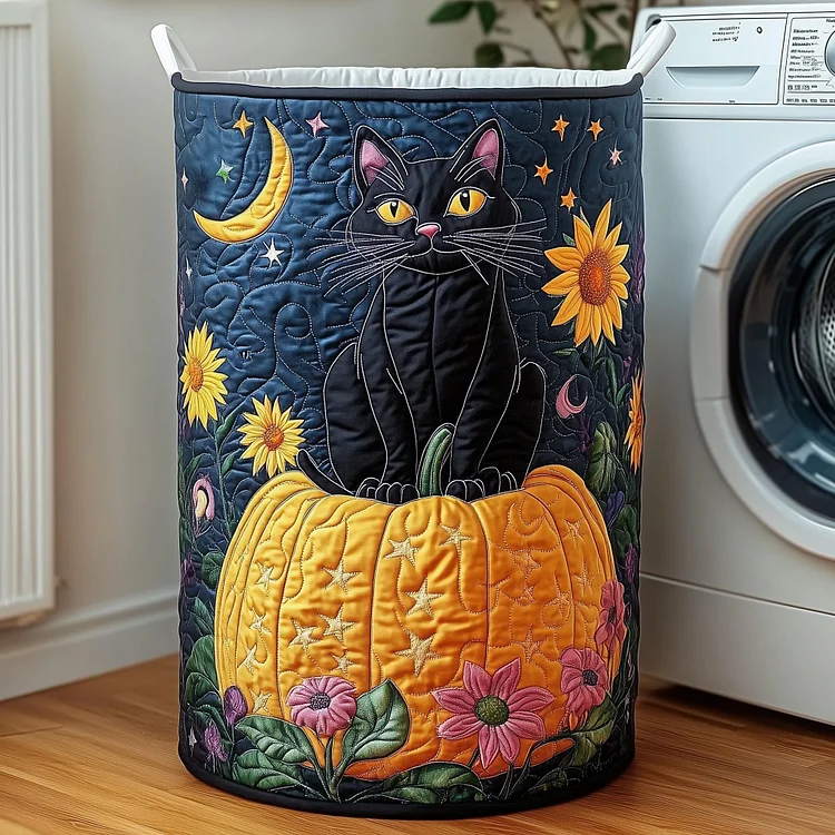 Cat With Pumpkin Quilted Laundry Basket GFTOXM287