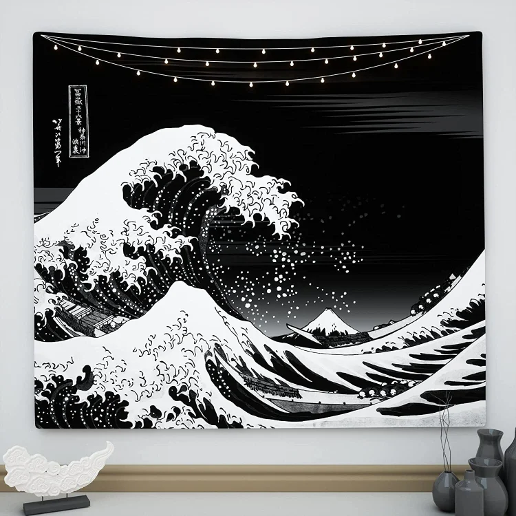 NEW Wave Tapestry Black and White, the Great Wave off Kanagawa Wall Tapestry, Kawaii Japanese Tapestry Hippie Psychedelic