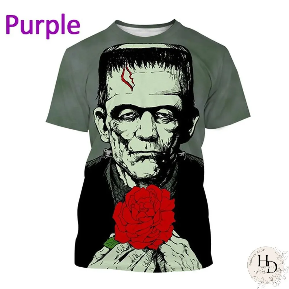 Frankenstein Short-Sleeved Shirt Mens Casual Fashion Horror Movie Harajuku Streetwear Top