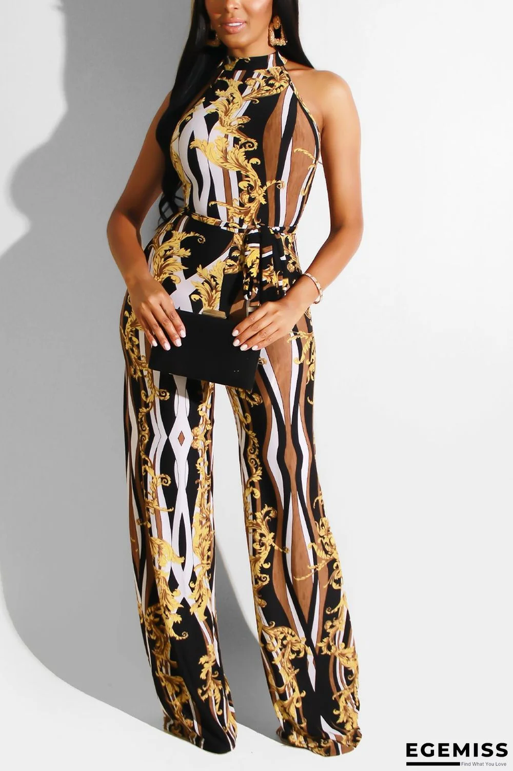 Yellow Sexy Fashion Print Backless Asymmetrical Hollow Sleeveless Asymmetrical Collar | EGEMISS