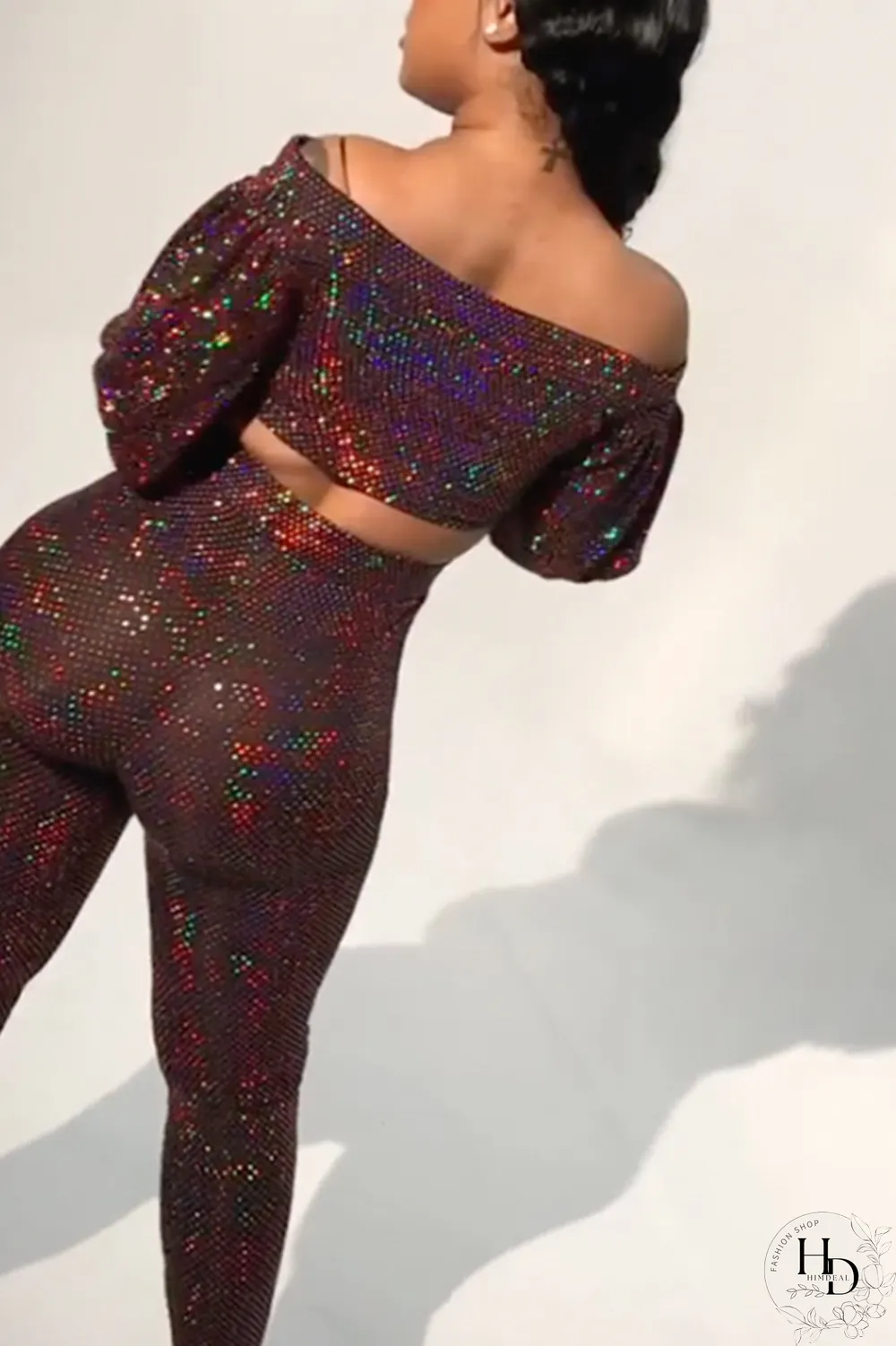 Multicolor Sexy Patchwork Sequins Bateau Neck Long Sleeve Two Pieces