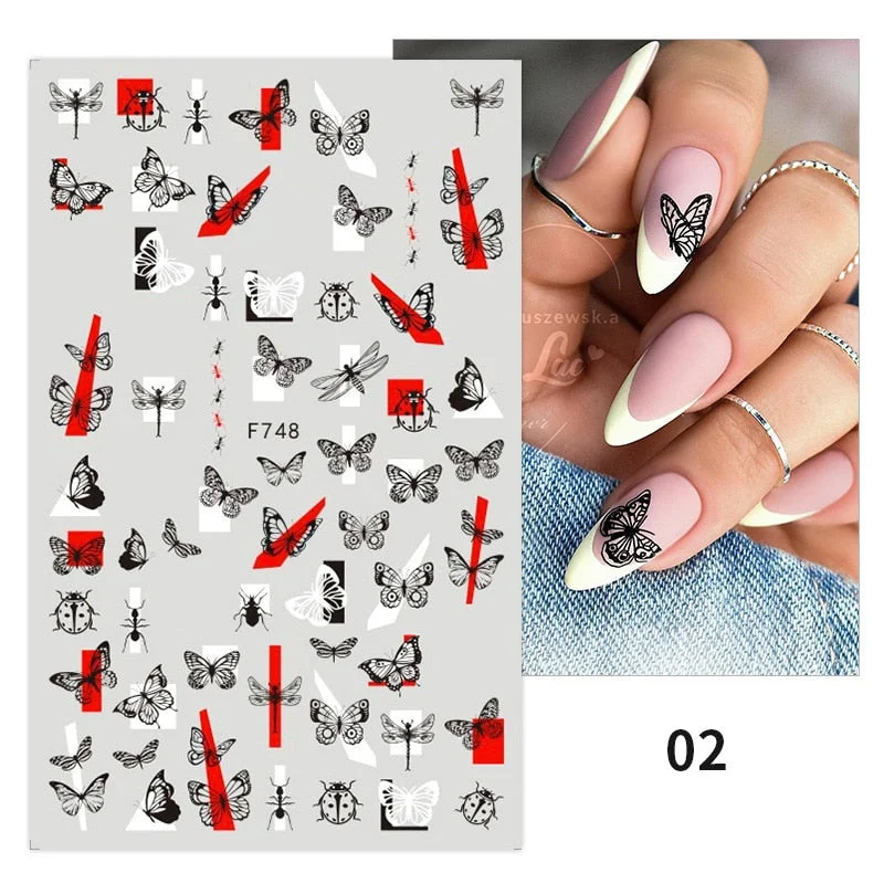 1PC Black White Butterfly 3D Nail Sticker Stripe Leaf Line Pattern Transfer Nail Decals DIY Nail Art Decoration For Manicures