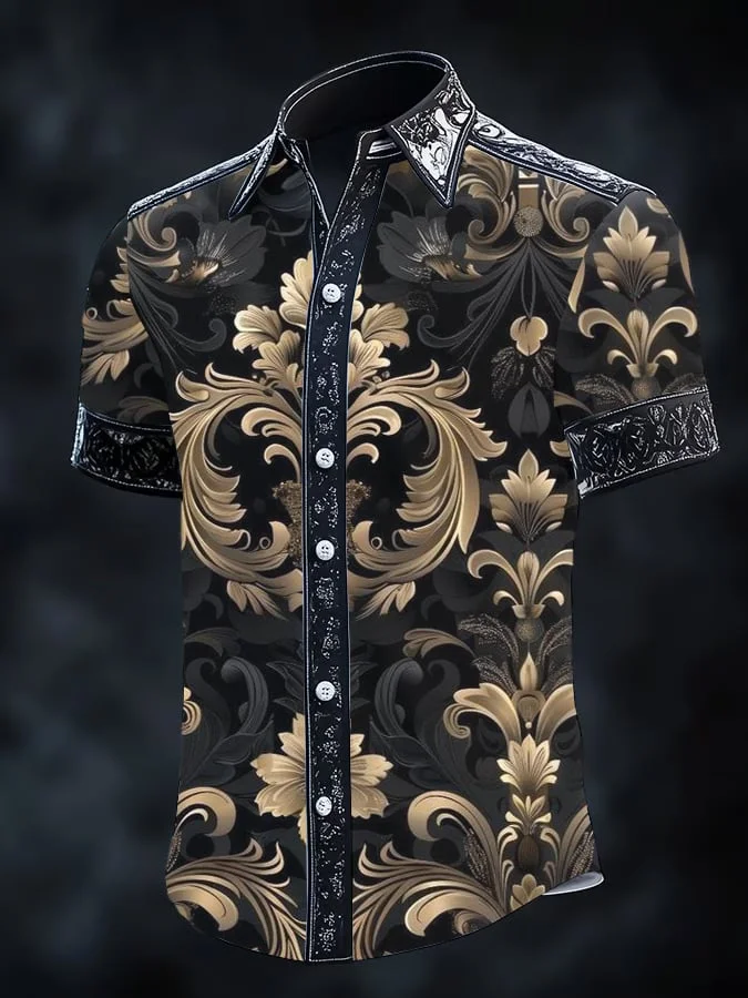 Men's Vintage Dark Baroque Print Short Sleeve Shirt 