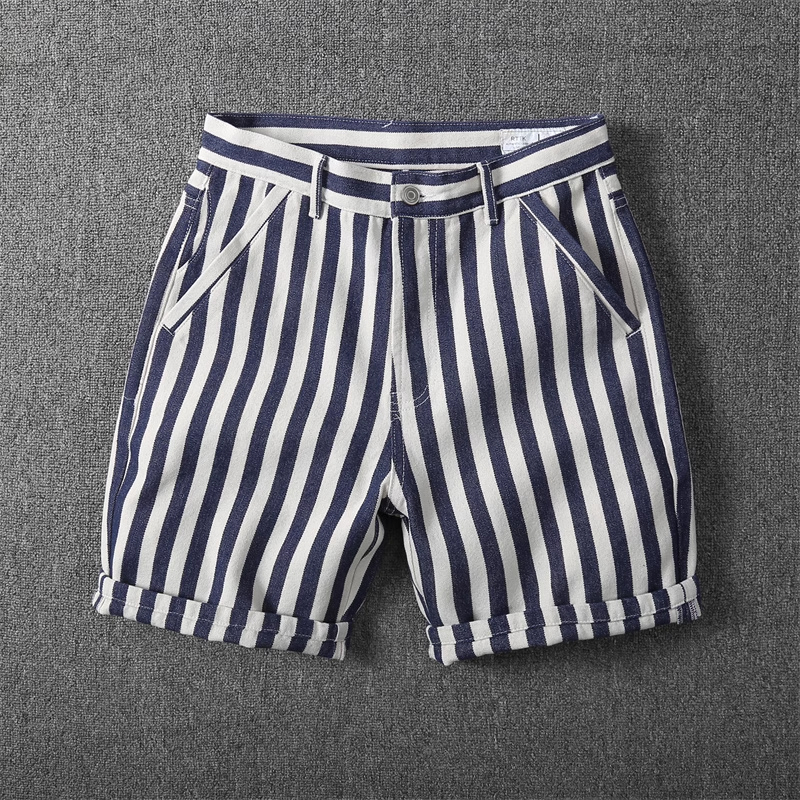 Men's Washed Blue And White Striped Denim Shorts