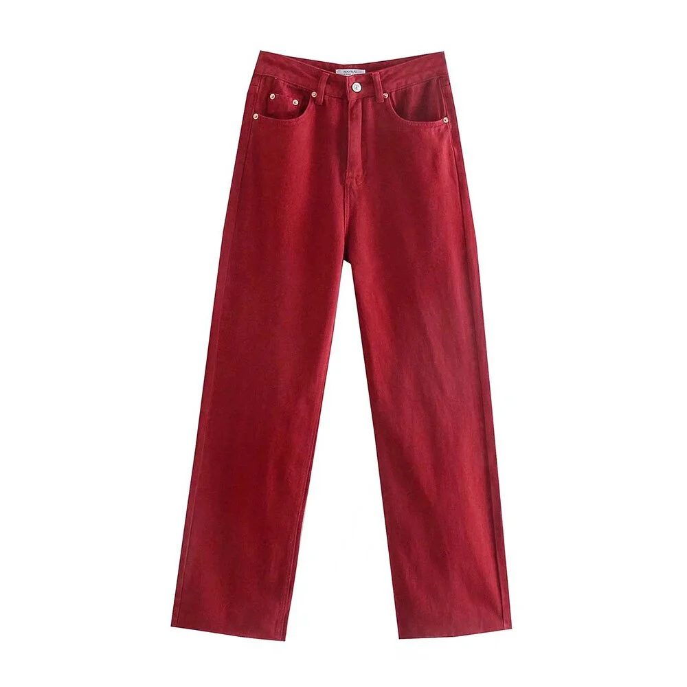 Willshela Women Fashion Red Denim Jeans Fashion High Waist Wide Leg Pants Chic Lady Woman INS Style Trousers Pantalon