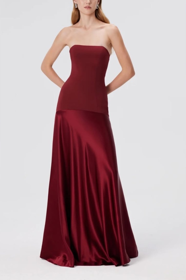 Ovlias Burgundy Strapless Straight Across Prom Dress Sheer with Pleated JQ0062