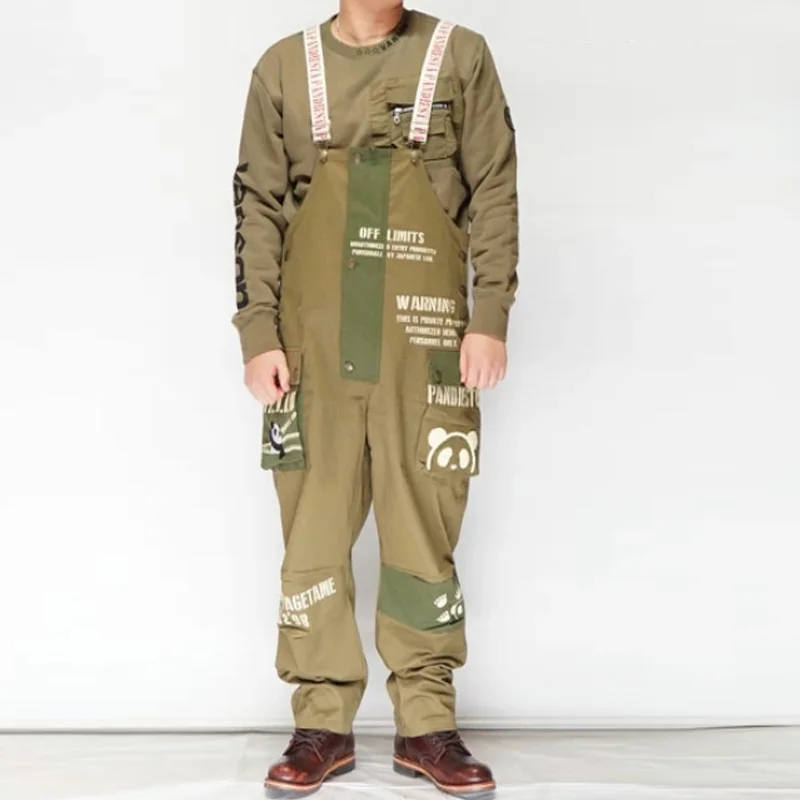 Retro Print Stitching Contrast Color Deck Work Overalls