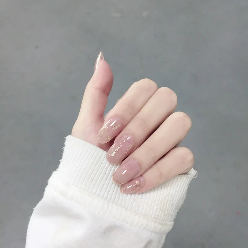 24Pcs/boxed Nude Color Shiny press on nails Women Bride Wearable Disassembly Full Cover Finger Fake Nail with Glue for girl DIY-Nail Inspo