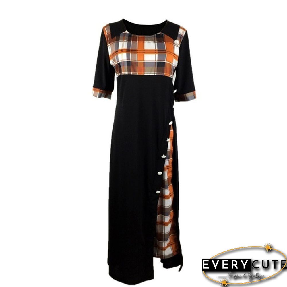 Women's Fashion Half Sleeve Elegant Long Dress Plaid Print Button Detail Maxi Dress Plus Size Xs-5Xl