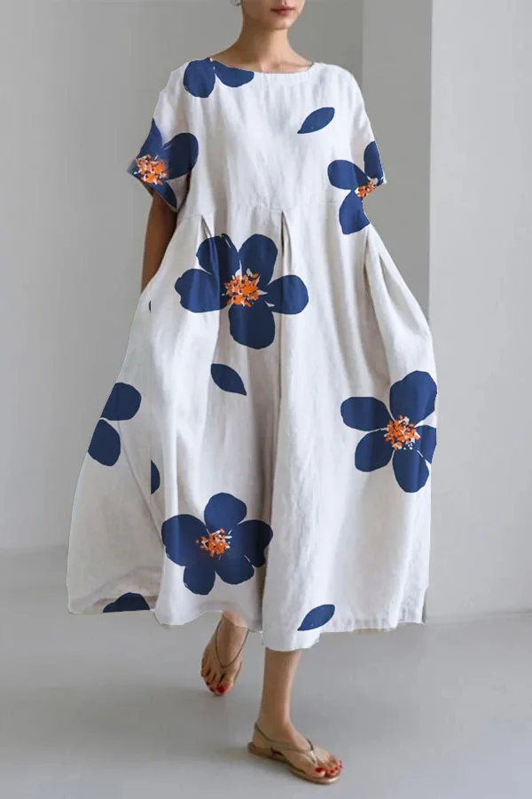 Floral Print Linen Loose Dress