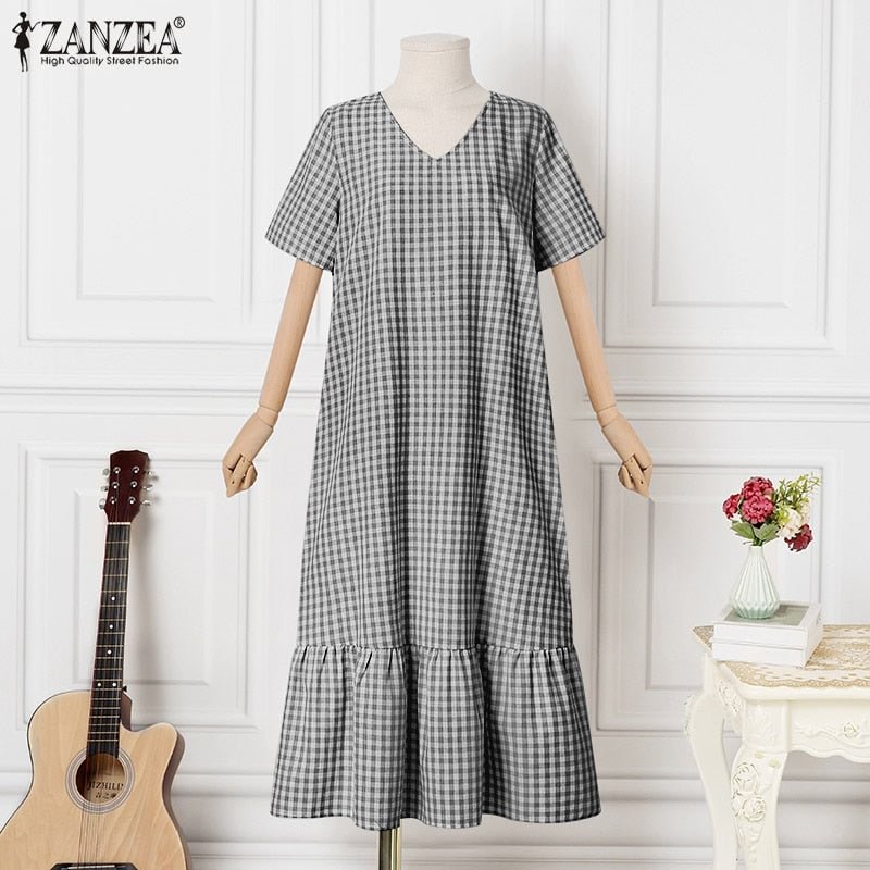 ZANZEA Women Elegant Ruffle Dress 2022 Summer Plaid Check Robe Fmme Fashion V Neck Maxi Vestido Holiday Beach Baggy Long Dresses