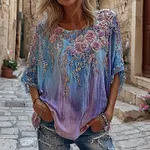 Women's Pink Roses Embroidery Art Round Neck Short Sleeve Linen Blend T-shirt - Image 2