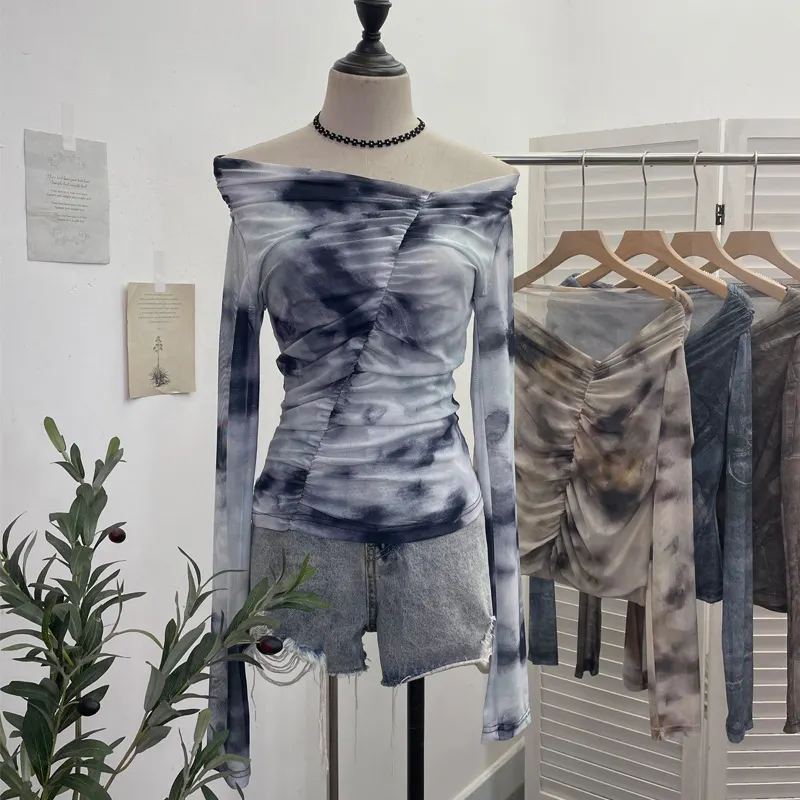 Uveng Real Shot Shoulder Tie-Dye Printing Mesh Hooded Design Long-Sleeved Irregular Folding Repair T-Shirt 9930