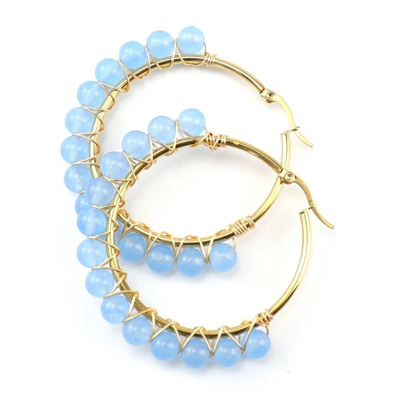 1 Pair Retro Minimalist Round Beaded Plating Natural Stone Copper Hoop Earrings