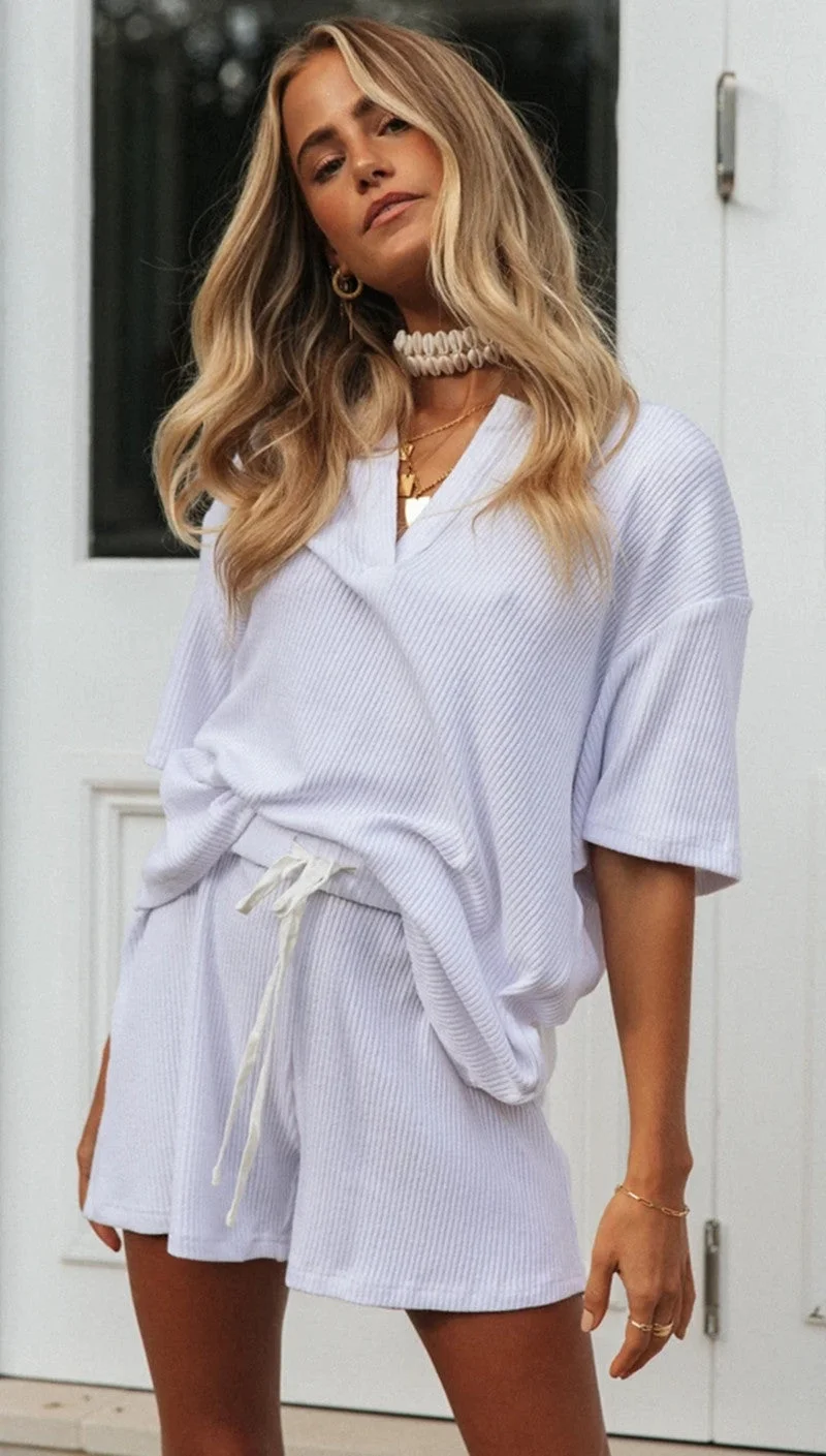 White Knit Slouchy Top and Shorts Matching Sets