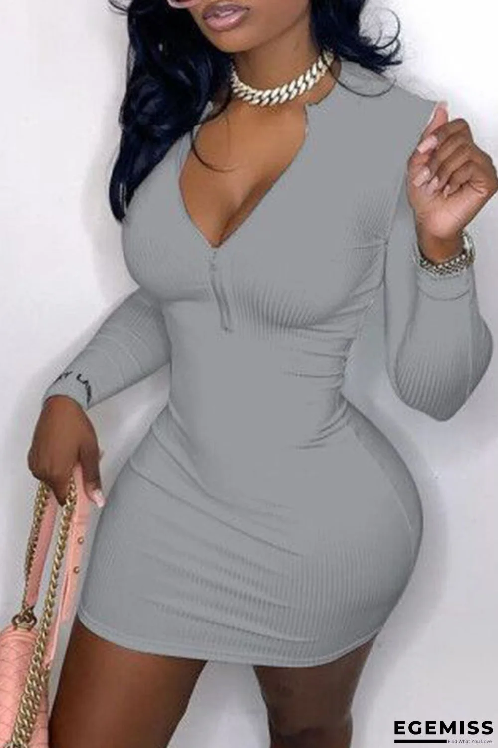 Grey Sexy Solid Embroidered O Neck Pencil Skirt Dresses | EGEMISS