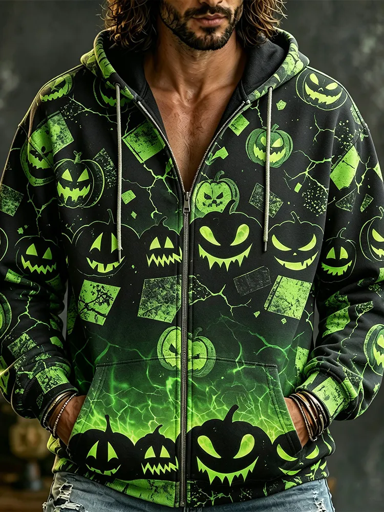 Retro Distressed Gothic Style Green Glowing Pumpkin Halloween Print Hoodie