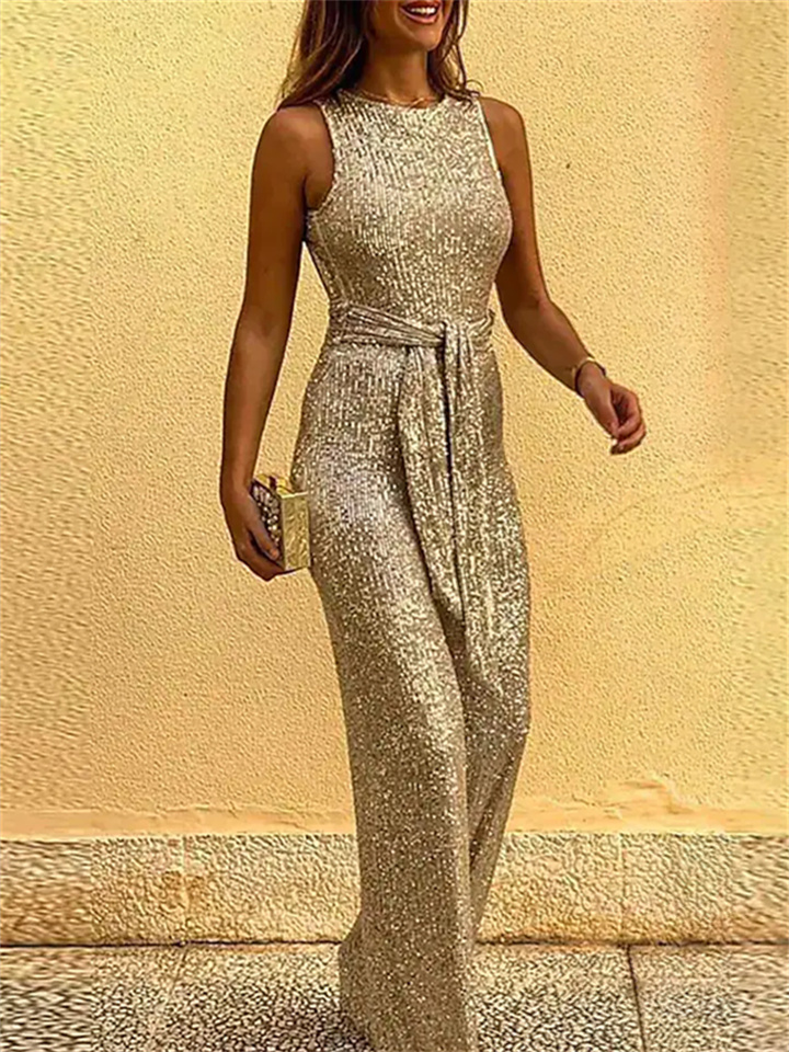 Women's Sexy Sophisticated Party Holiday Crew Neck 2022 Blue Pink Gold Slim Jumpsuit Solid Color Backless Sequins Lace up