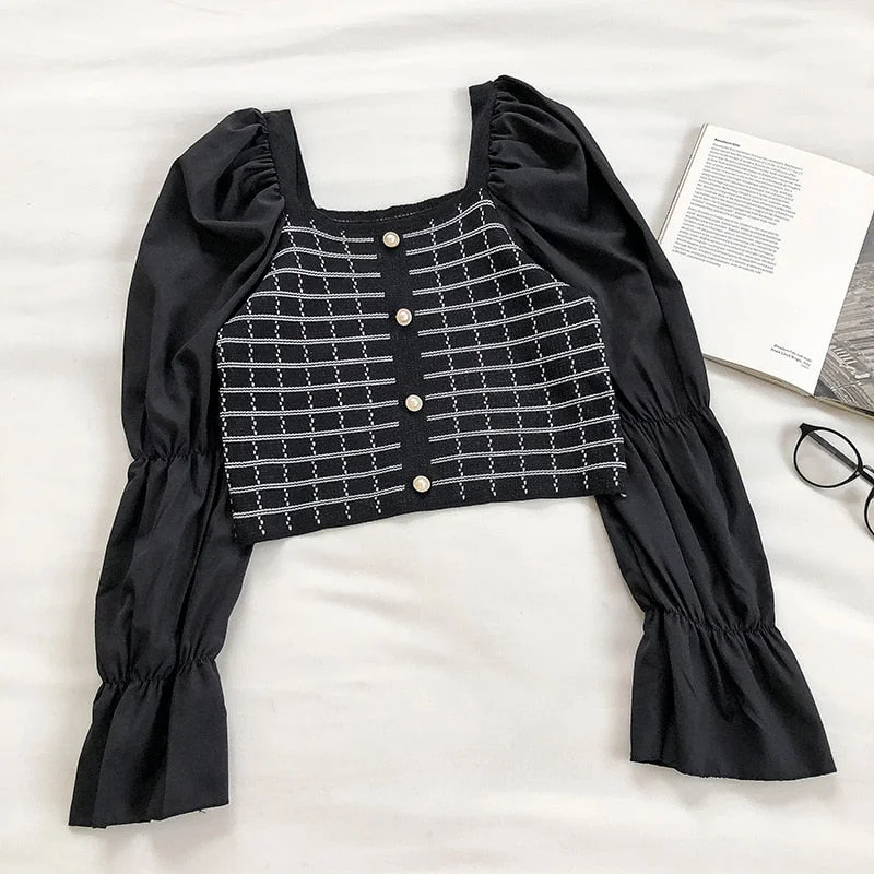 Women Chic French Style Retro Knitted Patchwork Shirt Sexy Square Collar Slim Fit Blouse Women Flare Sleeve Femme Blusas PL371