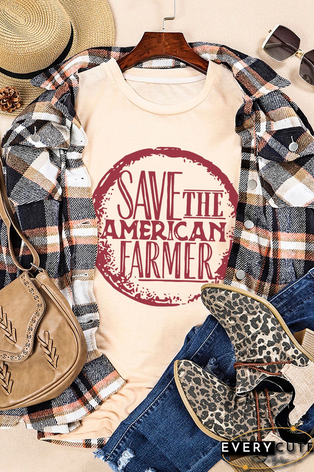 Khaki SAVE THE AMERICAN FARMER Graphic Print Tee