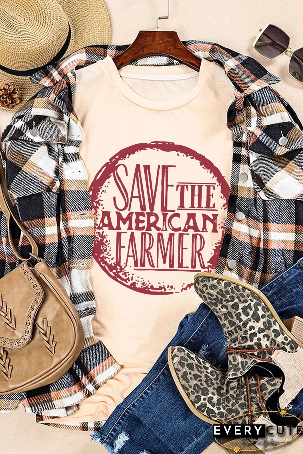 Khaki SAVE THE AMERICAN FARMER Graphic Print Tee