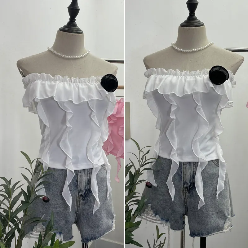 Churchf Real Shooting Pure Wind Lotus Leaf Side With A Word Shoulder Bra Small Vest Short Three-Dimensional Flowers Sleeveless Top 8856