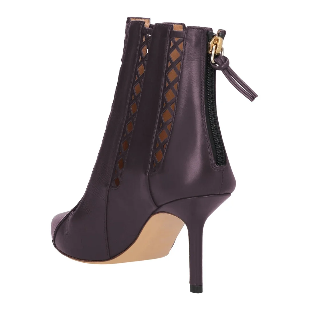 Purple Pointed Toe Lattice Cut Out Back Zipper Short Booties